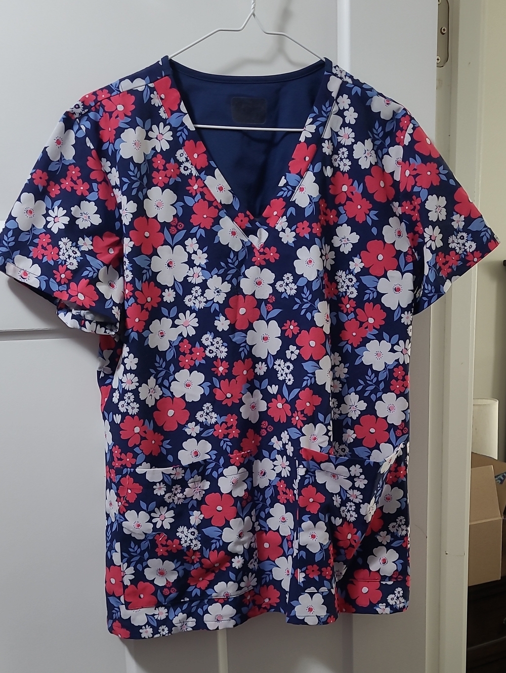 Women’s Floral V-Neck Scrub Top - Navy with Pink & White Flowers